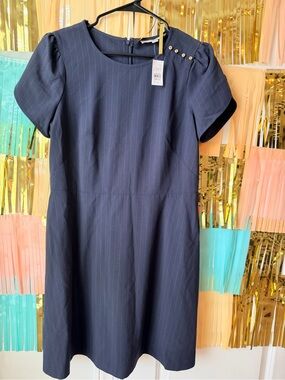 LOFT Navy Pinstripe Short Sleeve Sheath Dress with Shoulder Buttons